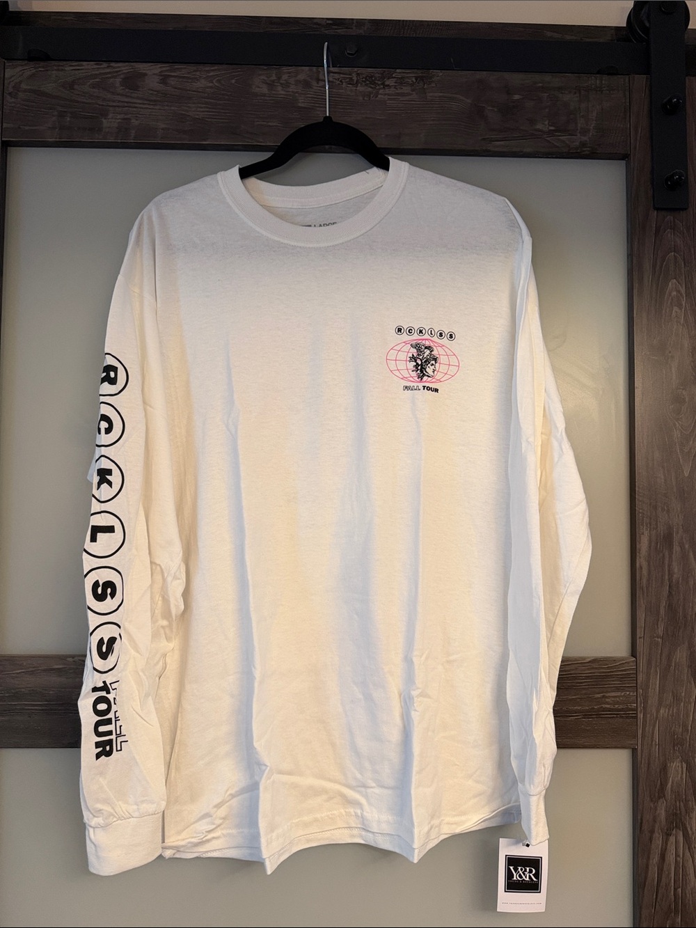 Young & Reckless White Long-Sleeve Tee with Pink Globe and Black Sleeve Print